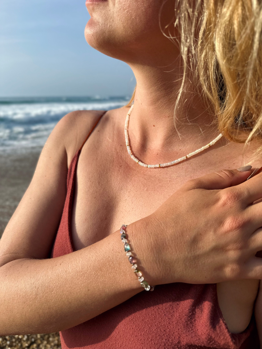 Collier d'opale et bracelet en tourmaline melon d'eau