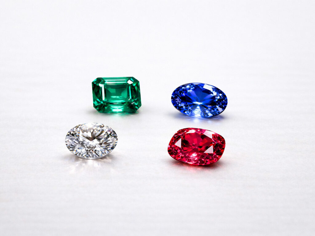 Présentation des 4 pierres précieuses, rubis, diamant, saphir, émeraude